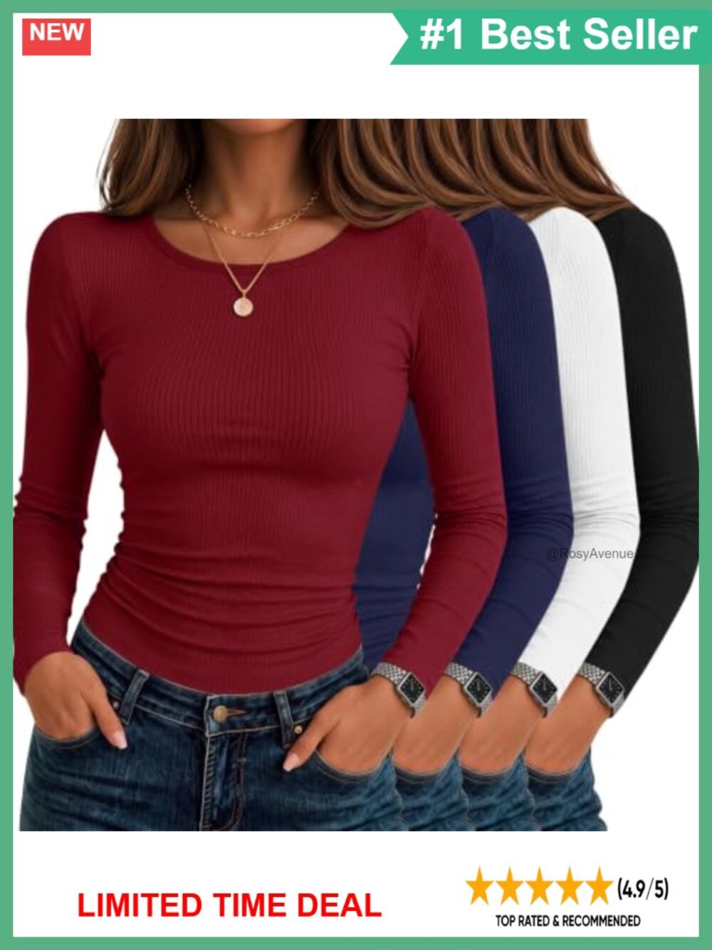 4 Pack Womens Long Sleeve Ribbed Shirts Cotton Spandex Slim Fit Crew Neck Tee